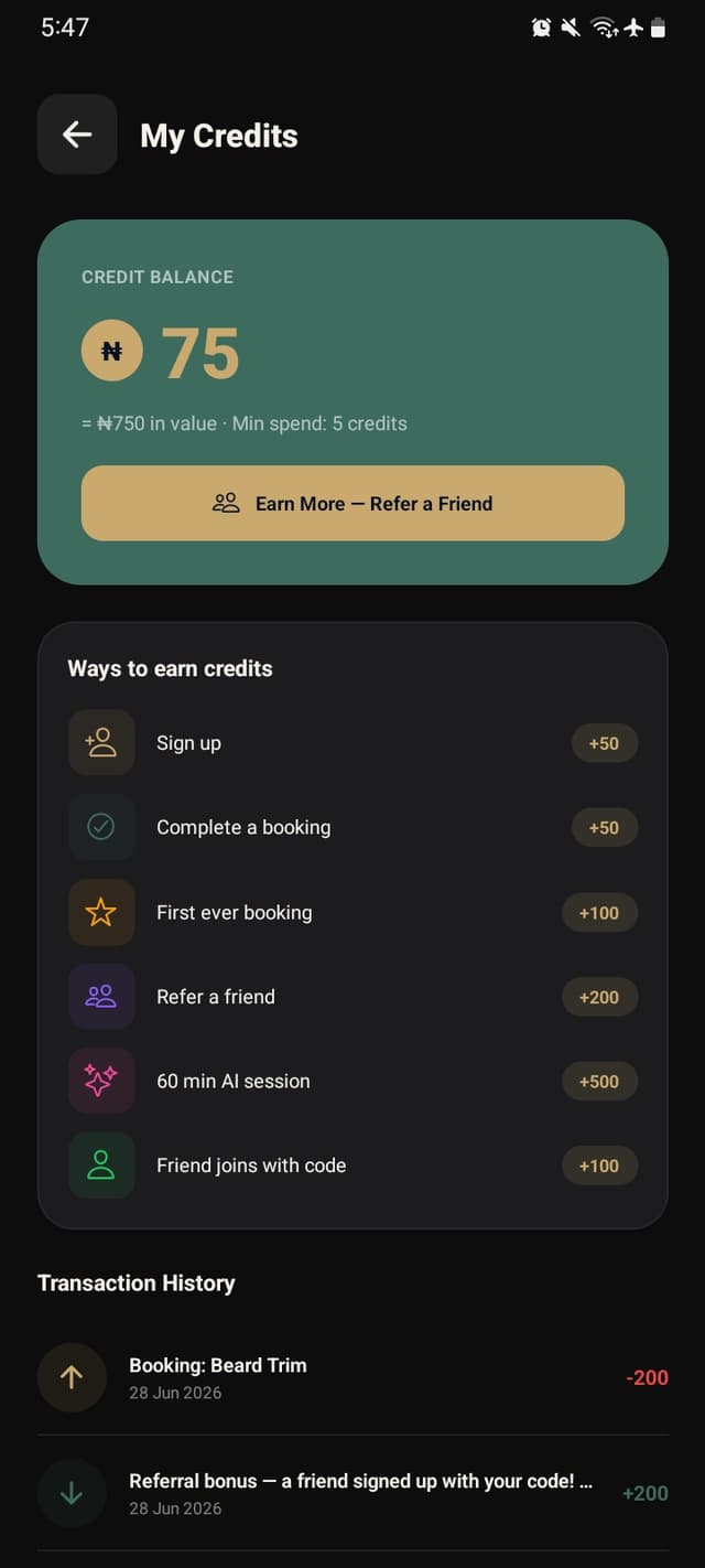 Credits wallet and transaction history