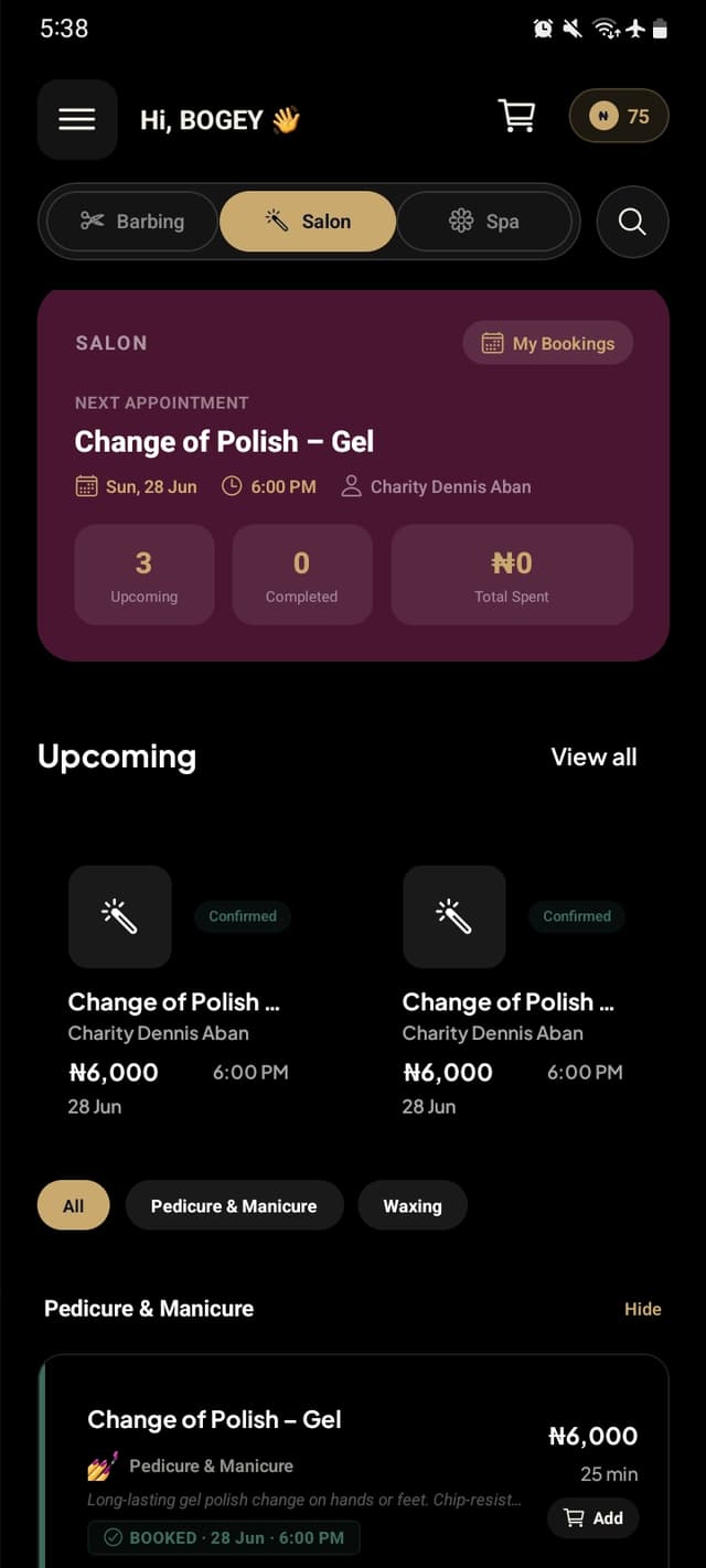 Kosher Spa booking dashboard